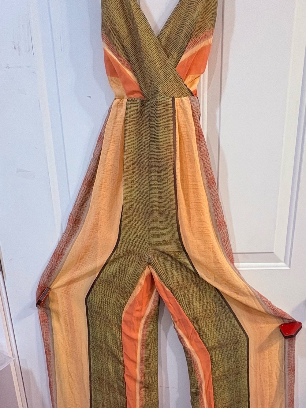 Striped Wrap Jumpsuit in Olive Green and Peach Boho